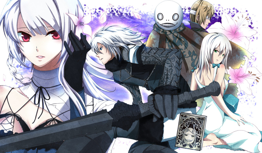 blue_eyes, book, dress, emil, flower, kaine, long_hair, nier