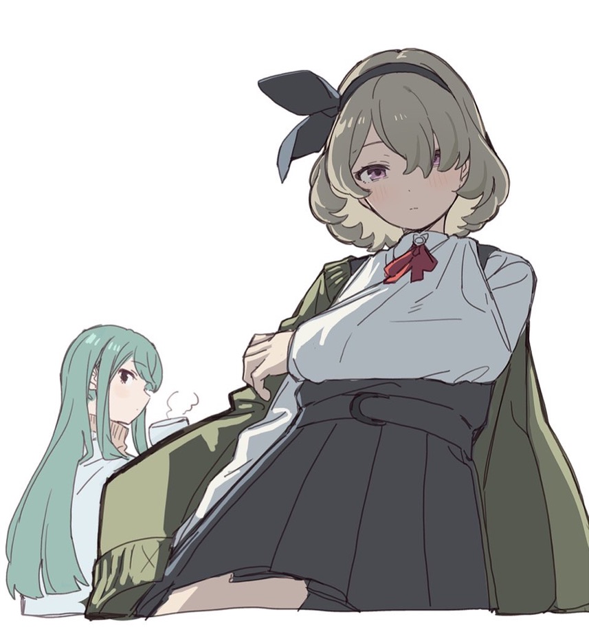 2girls, arm_sling, black_dress, bow_hairband, closed_mouth, dress, from_below, green_hair