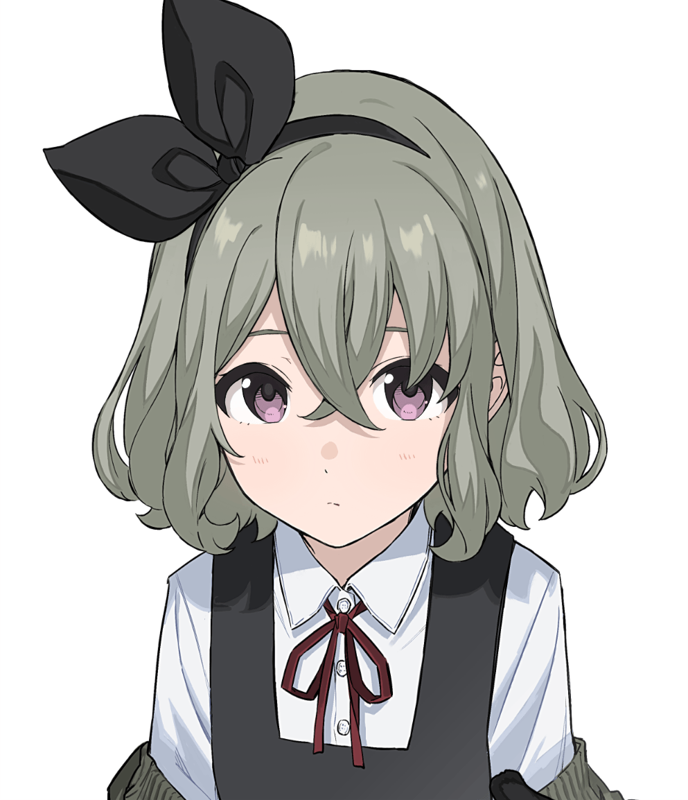 1girl, animated, animated_gif, black_vest, blinking, bow_hairband, cat_tail, collared_shirt, crossed_bangs, green_hair, hairband, looking_at_viewer, looping_animation, medium_hair, neck_ribbon, project:anemone, red_ribbon, ribbon, shirt, simple_background, solo, tail, teshima_nari, umeka_ena, vest, violet_eyes, white_background, white_shirt