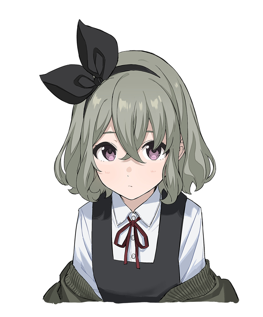 1girl, black_vest, bow_hairband, collared_shirt, crossed_bangs, green_hair, hairband, highres, looking_at_viewer, medium_hair, neck_ribbon, project:anemone, red_ribbon, ribbon, shirt, simple_background, solo, teshima_nari, umeka_ena, vest, violet_eyes, white_background, white_shirt