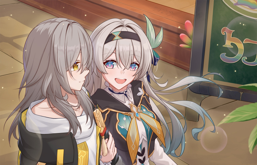 2girls, aqua_skirt, black_coat, black_hairband, black_jacket, breasts, coat, dress