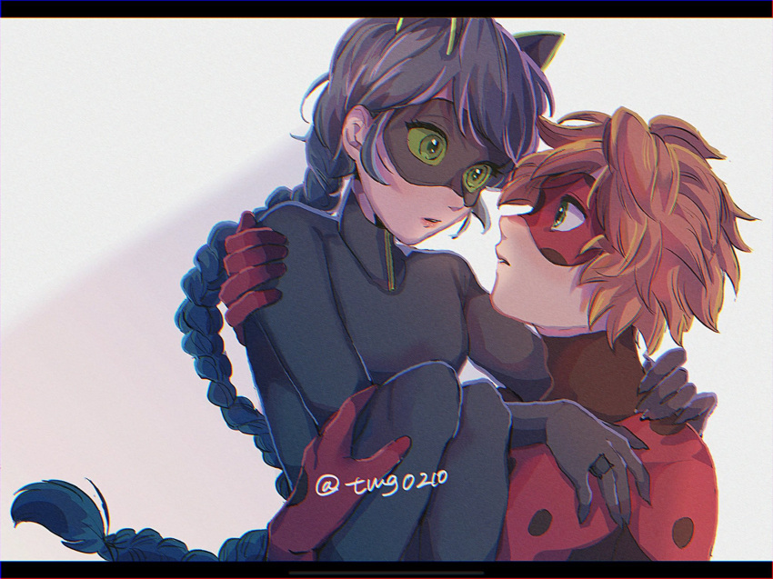 1boy, 1girl, adrien_agreste, animal_ears, black_bodysuit, black_hair, black_mask, blonde_hair