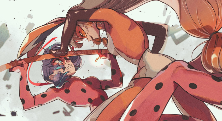 2girls, animal_ears, blue_eyes, blue_hair, bodysuit, brown_hair, fighting, fox_ears