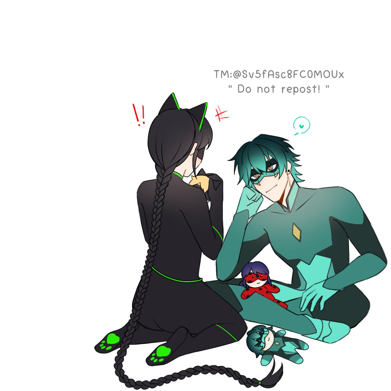 1boy, 1girl, animal_ears, black_bodysuit, black_hair, black_mask, blue_hair, bodysuit, braid, cat_ears, cat_girl, character_doll, chat_noir, closed_mouth, doll, green_bodysuit, green_hair, green_mask, highres, lady_noir, ladybug_(character), looking_at_another, luka_couffaine, marinette_dupain-cheng, miraculous_ladybug, simple_background, single_braid, sitting, smile, sv5fasc8fc0moux, white_background