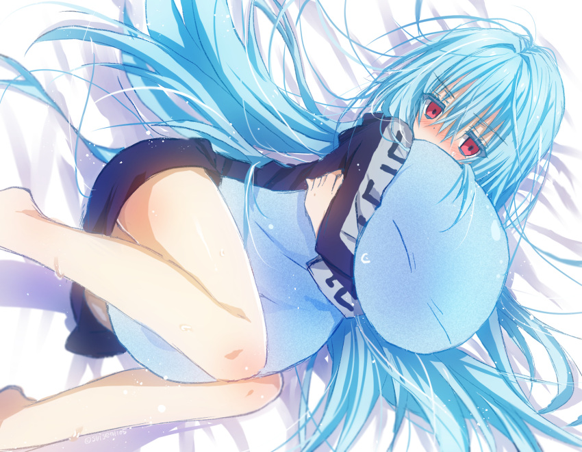 1girl, 1other, akatsuki_(ggsy7885), blue_hair, blue_shirt, blush, ciel_(tensei_shitara_slime_datta_ken), commentary_request