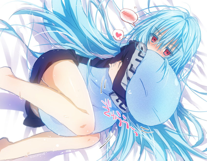 1girl, 1other, akatsuki_(ggsy7885), blue_hair, blue_shirt, blush, ciel_(tensei_shitara_slime_datta_ken), commentary_request