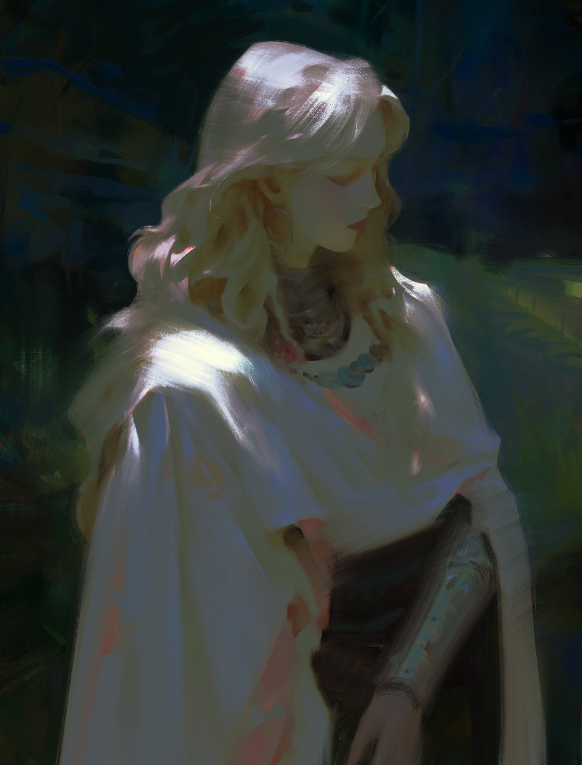 1girl, arm_at_side, armor, black_pants, blonde_hair, cape, chiaroscuro, cloak
