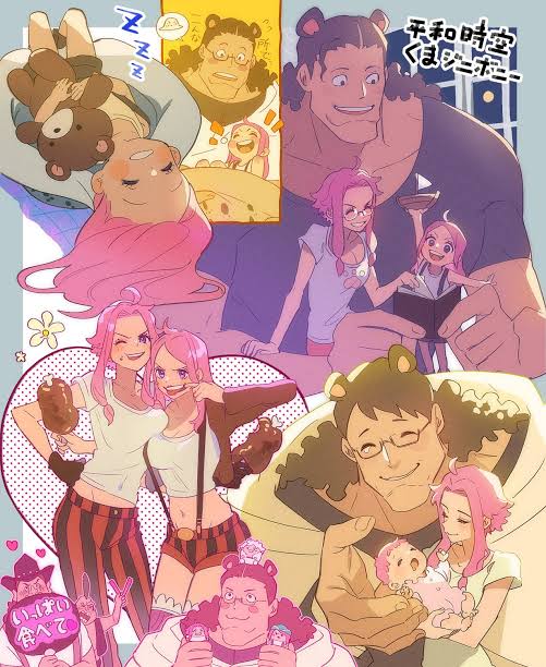 2girls, baby, bartholomew_kuma, bear_ears, collage, family, father_and_daughter, food