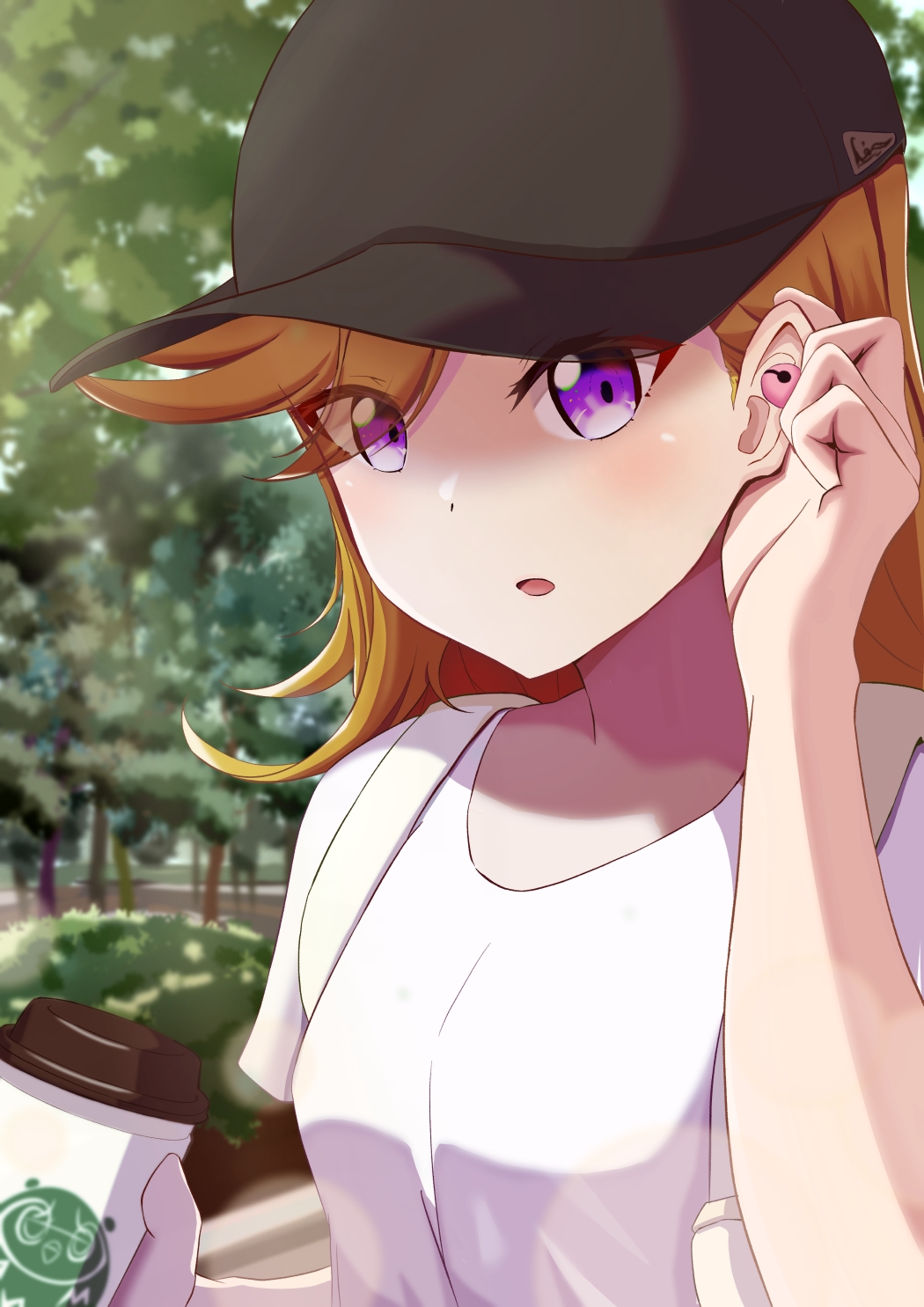 1girl, black_hat, breasts, commentary_request, cup, disposable_cup, drink, english_commentary