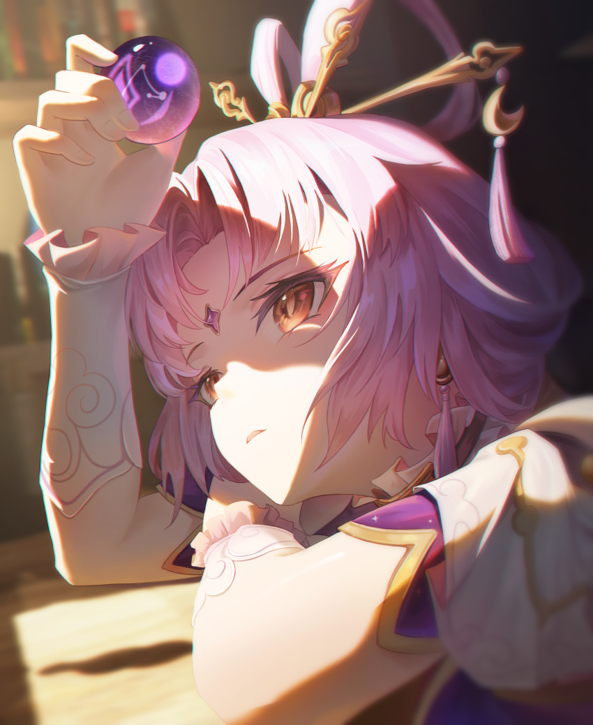 1girl, absurdres, blurry, bow-shaped_hair, chinese_commentary, detached_sleeves, forehead_jewel, fu_xuan_(honkai:_star_rail)
