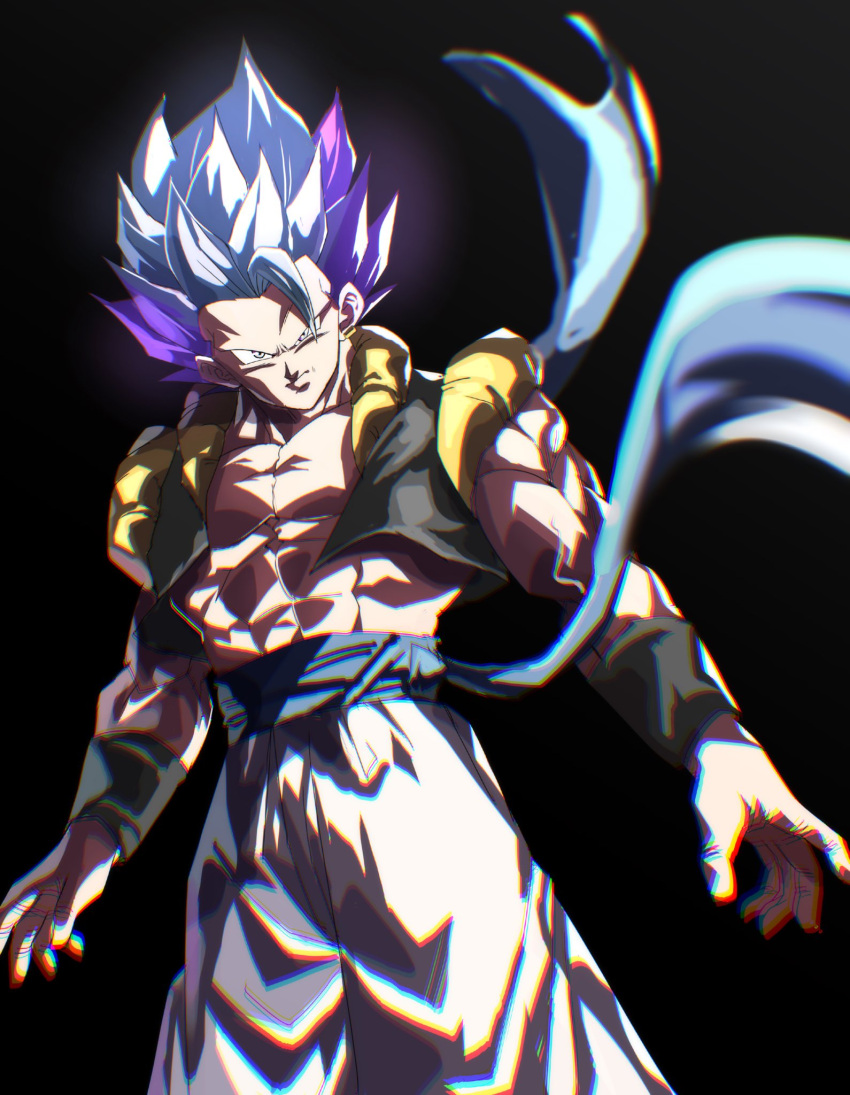 alternate_form, alternate_universe, black_background, black_vest, black_wristband, blue_sash, blurry, blurry_background