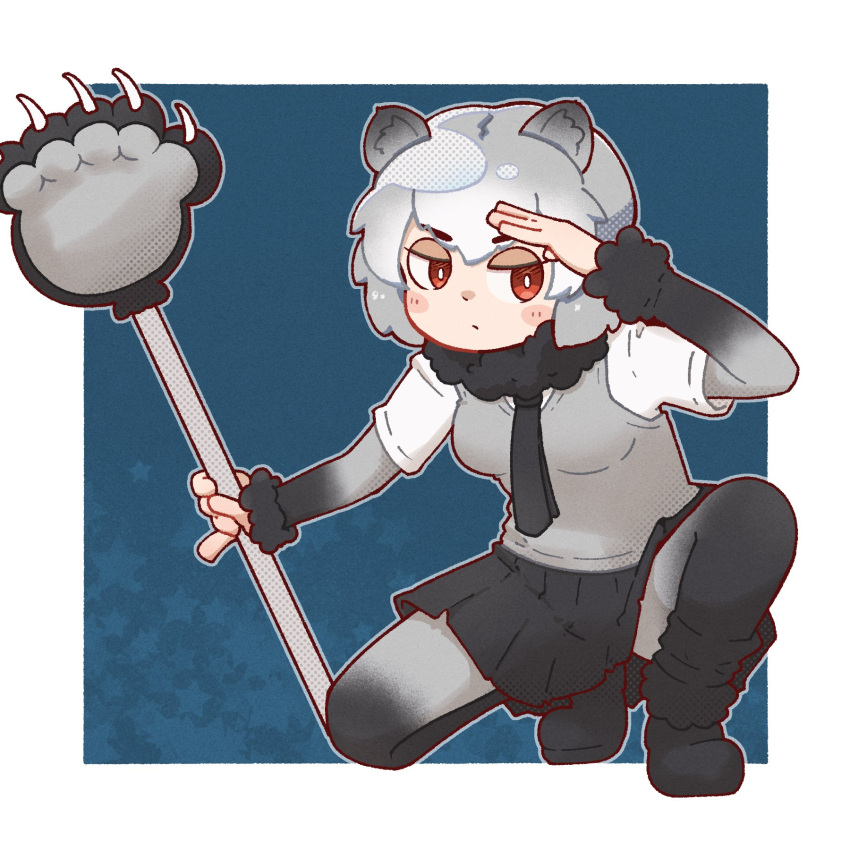 1girl, animal_ears, bear_ears, bear_girl, black_footwear, black_fur, black_necktie, black_pantyhose