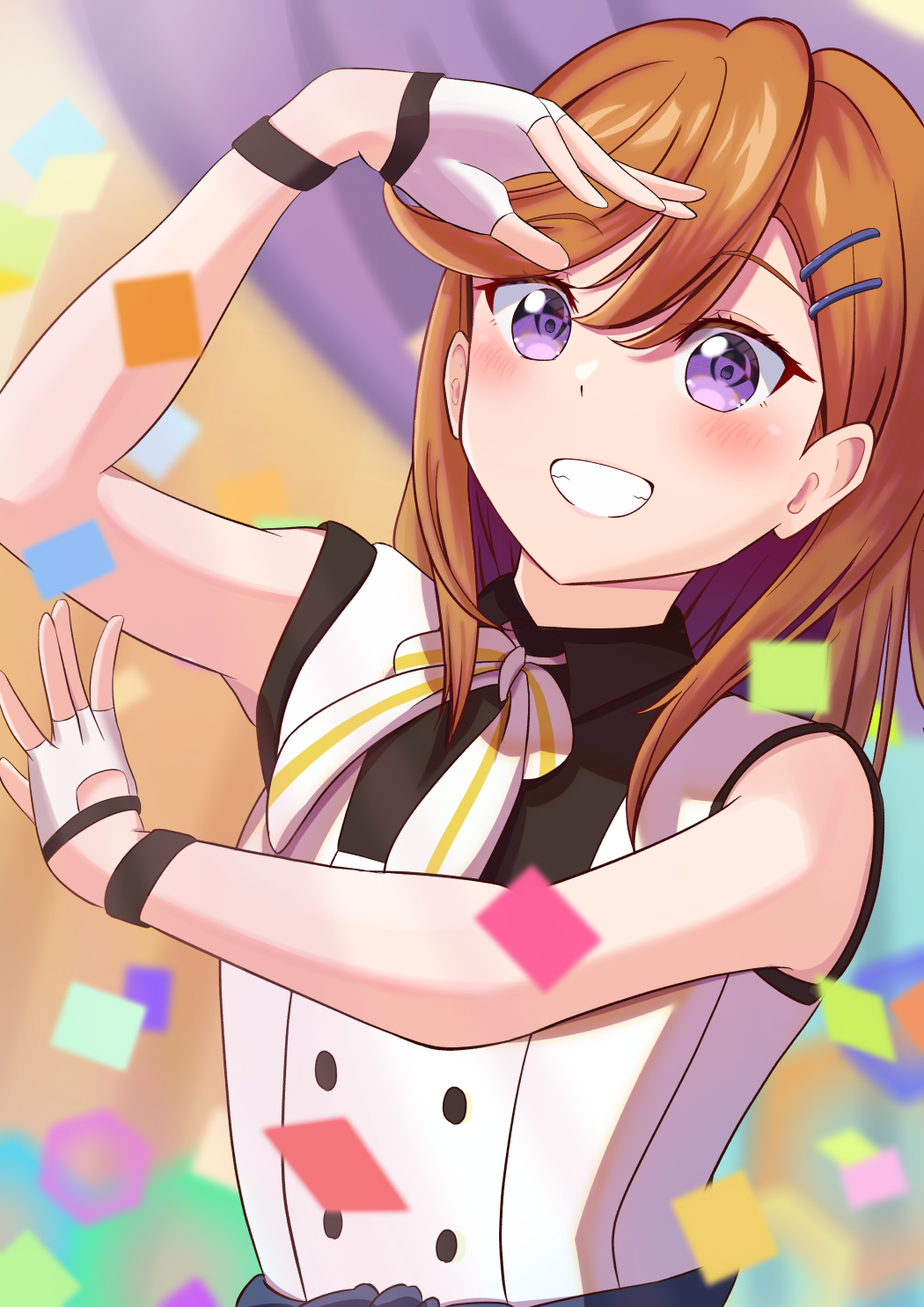 1girl, black_shirt, blush, collared_shirt, commentary_request, confetti, dress, fingerless_gloves