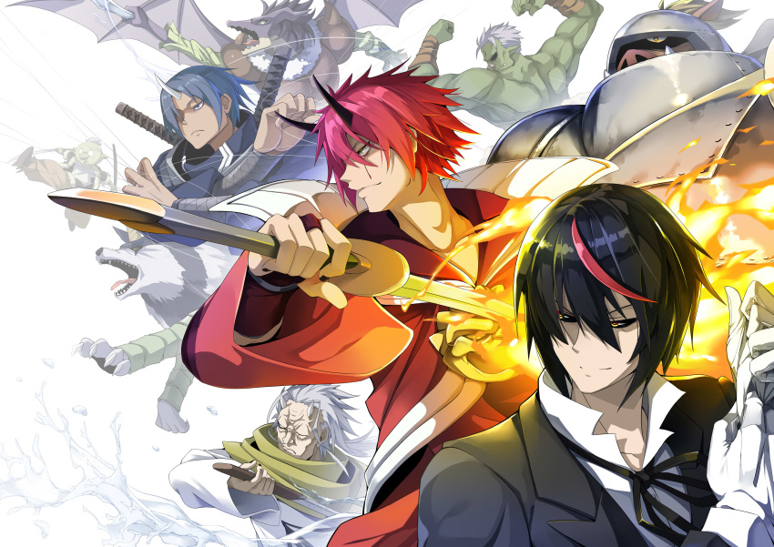 6+boys, absurdres, armor, benimaru_(tensei_shitara_slime_datta_ken), black_hair, black_sclera, blue_hair, collared_shirt