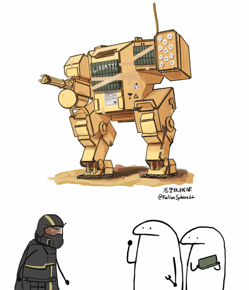 3others, artist_name, black_helmet, cardboard, commentary, english_commentary, english_text, era_bricks_(meme), fallenspherell, florks, fragile_symbol, gatling_gun, helldiver_(helldivers), helldivers_(series), highres, mecha, mecha_focus, meme, minigun, missile, multiple_others, robot, signature, tape, twitter_username, v-shaped_eyebrows, walker_(robot)