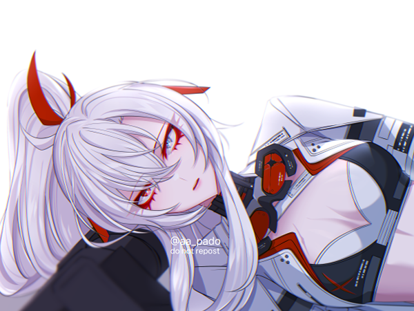 01pado_pado, 1girl, alpha_(punishing:_gray_raven), black_sports_bra, breasts, crossed_bangs, eyewear_around_neck, grey_eyes