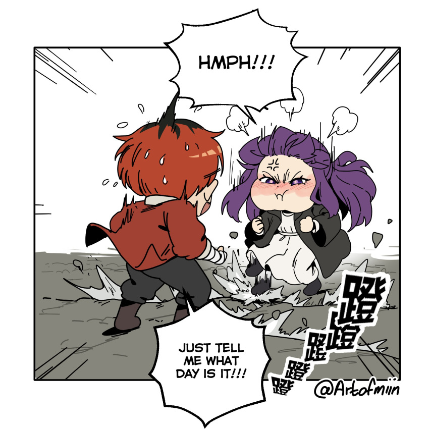 1boy, 1girl, angry, artofmiin, black_pants, black_robe, blush, clenched_hand, confused, cracking_ground, dress, english_commentary, english_text, fern_(sousou_no_frieren), highres, long_hair, long_sleeves, looking_at_another, motion_lines, nervous_sweating, pants, pout, purple_hair, redhead, robe, shirt, short_hair, shouting, sousou_no_frieren, speech_bubble, standing, stark_(sousou_no_frieren), stomping, sweat, talking, tantrum, violet_eyes, white_dress