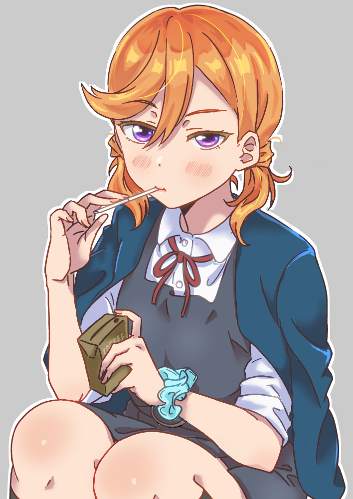 1girl, alternate_hairstyle, blue_jacket, blush, coffee, collared_shirt, commentary_request, dress, drink, drinking_straw, drinking_straw_in_mouth, grey_background, grey_dress, hair_between_eyes, holding, holding_drink, jacket, jacket_on_shoulders, juice_box, looking_at_viewer, love_live!, love_live!_superstar!!, momominoru, neck_ribbon, orange_hair, pinafore_dress, red_ribbon, ribbon, school_uniform, scrunchie, shibuya_kanon, shirt, sitting, sleeveless, sleeveless_dress, solo, twintails, upper_body, violet_eyes, white_shirt, winter_uniform, wrist_scrunchie, yuigaoka_school_uniform