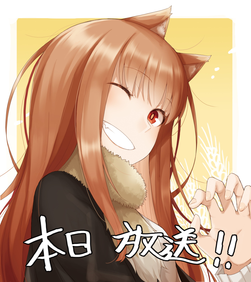 1girl, absurdres, animal_ear_fluff, animal_ears, blunt_bangs, claw_pose, countdown, grin, highres, holo, light_brown_hair, long_hair, official_art, one_eye_closed, red_eyes, release_celebration, smile, solo, spice_and_wolf, tail, very_long_hair, wolf_ears, wolf_girl, wolf_tail
