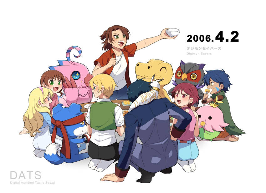 4girls, 6+boys, agumon_(digimon_savers), anniversary, barefoot, bird, black_feathers, black_pants