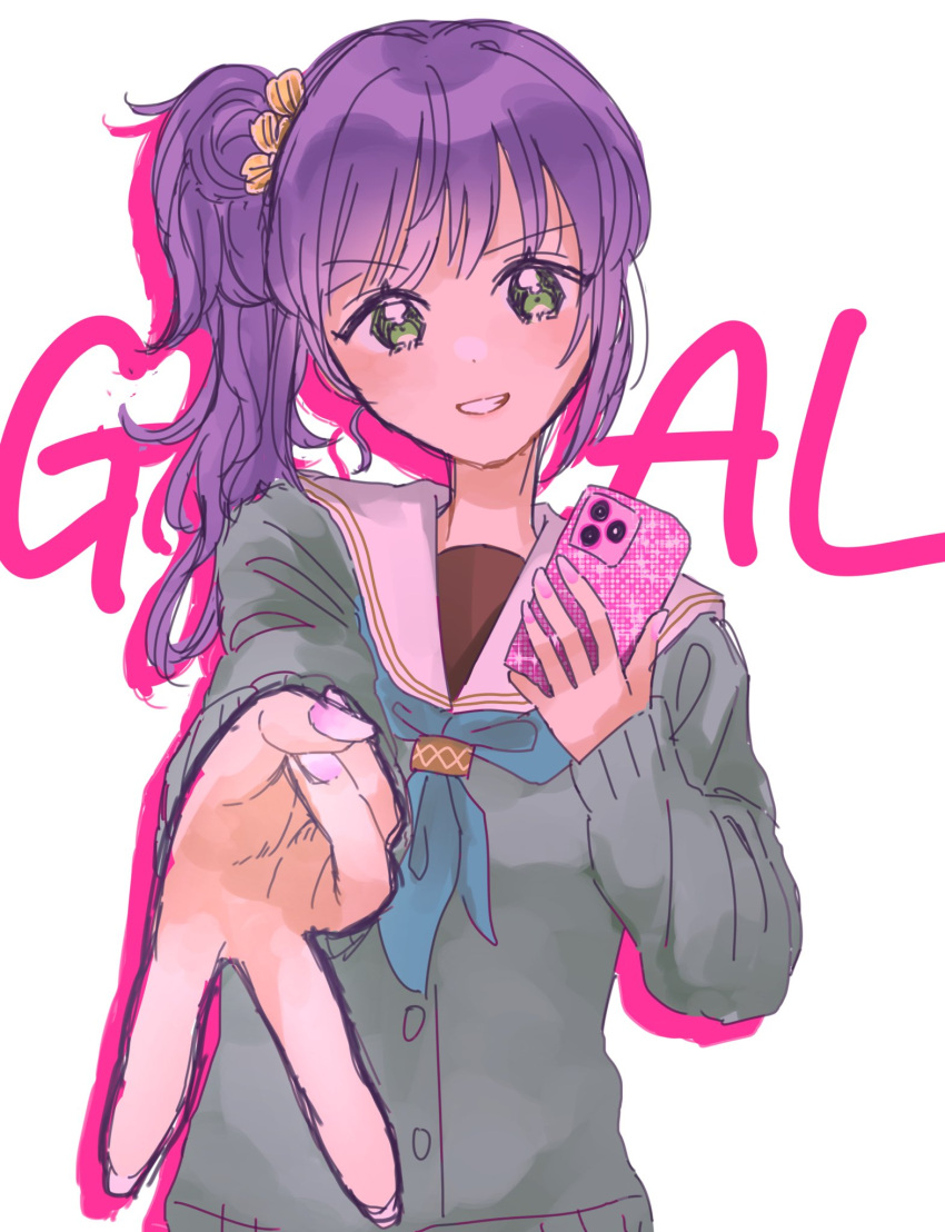 1girl, :d, april_fools, aqua_neckerchief, cardigan, cellphone, choppy_bangs, commentary, drop_shadow, foreshortening, green_cardigan, green_eyes, grin, gyaru, gyaru_v, hair_bun, hasu_no_sora_school_uniform, highres, holding, holding_phone, link!_like!_love_live!, long_hair, long_sleeves, love_live!, mizuko, neckerchief, otomune_kozue, phone, purple_hair, sailor_collar, school_uniform, side_ponytail, single_side_bun, single_sidelock, smartphone, smile, solo, text_background, v, white_background, white_sailor_collar, winter_uniform