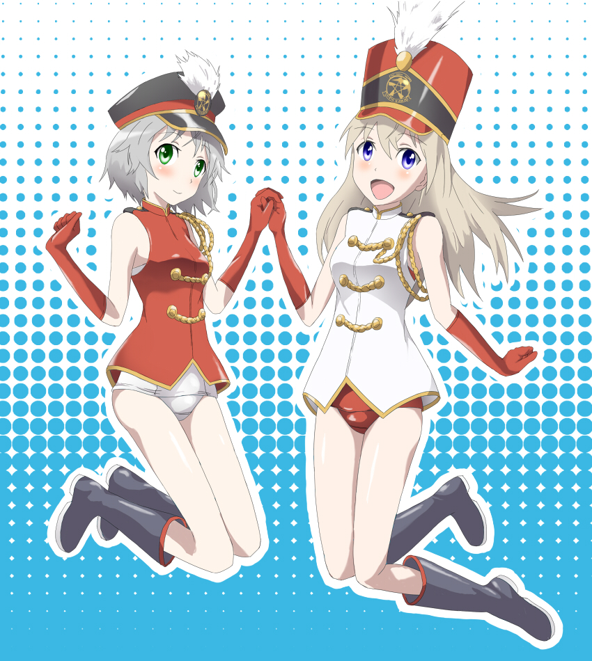 bare_legs, blonde_hair, blue_eyes, blush, boots, eila_ilmatar_juutilainen, elbow_gloves, gloves