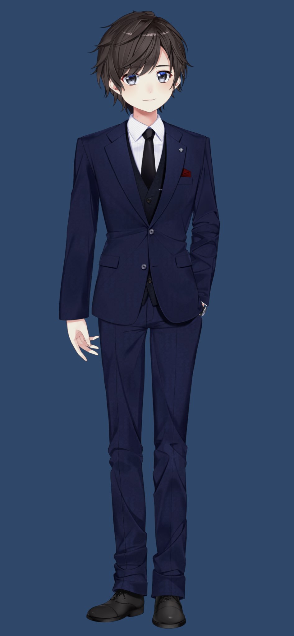 1girl, arms_at_sides, artist_request, black_footwear, black_necktie, black_vest, blue_background, blue_eyes, blue_jacket, blue_pants, breast_pocket, brown_hair, buttons, closed_jacket, closed_mouth, commentary_request, crossdressing, crown_ornament, dress_shirt, full_body, hand_in_pocket, handkerchief, handkerchief_in_pocket, highres, jacket, lapel_pin, lapels, long_bangs, mole, mole_on_neck, necktie, nijisanji, notched_lapels, official_art, oxfords, pants, partially_unbuttoned, pinstripe_pattern, pinstripe_shirt, pocket, reverse_trap, shirt, short_hair, simple_background, smile, solo, standing, suit, suit_jacket, suzuka_utako, suzuka_utako_(7th_costume), swept_bangs, tachi-e, vest, virtual_youtuber, waistcoat, watch, watch, white_shirt