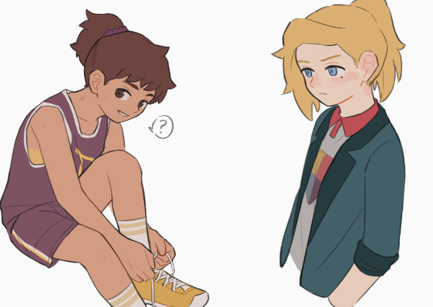 2girls, amphibia, anne_boonchuy, blonde_hair, blue_eyes, brown_eyes, brown_hair, dark_skin
