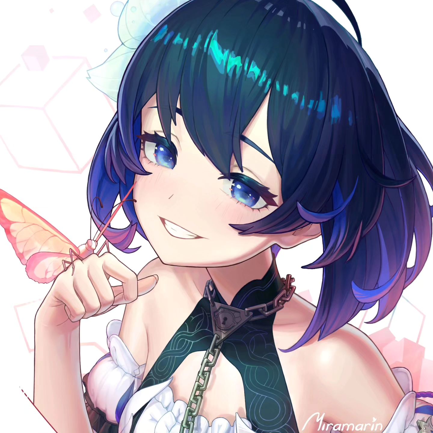 1girl, blue_eyes, blue_hair, bug, butterfly, colored_inner_hair, dress, flower, hair_flower, hair_ornament, highres, honkai_(series), honkai_impact_3rd, looking_at_viewer, mihoyo, miramarin, multicolored_hair, red_butterfly, seele_vollerei, short_hair, smile