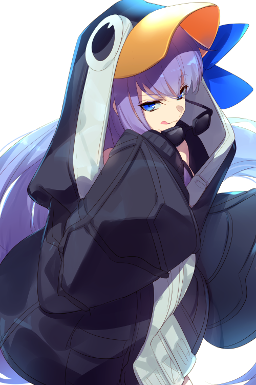 1girl, animal_hood, black_jacket, blue_bow, blue_eyes, blush, bow, breasts