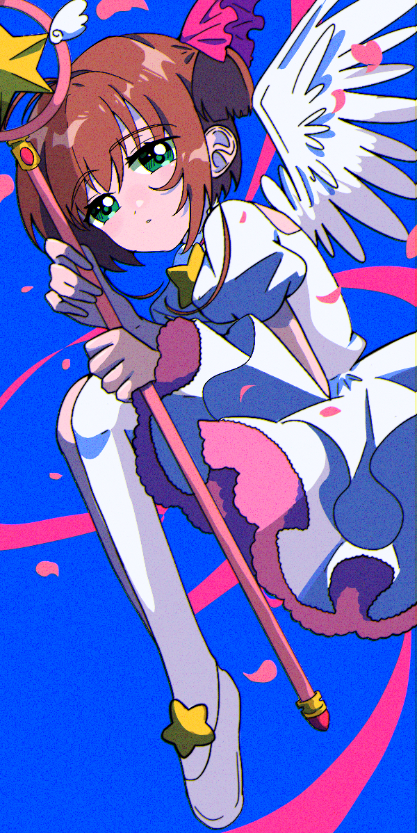 1girl, blue_background, brown_hair, cardcaptor_sakura, dress, expressionless, full_body, green_eyes