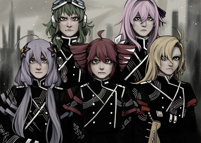 5girls, absurdres, ahoge, antenna_hair, black_coat, black_eyes, blonde_hair, bow