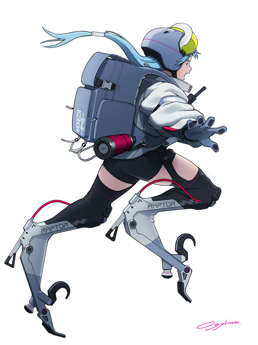 1girl, absurdres, animal_feet, artist_name, backpack, bag, black_shorts, blue_eyes