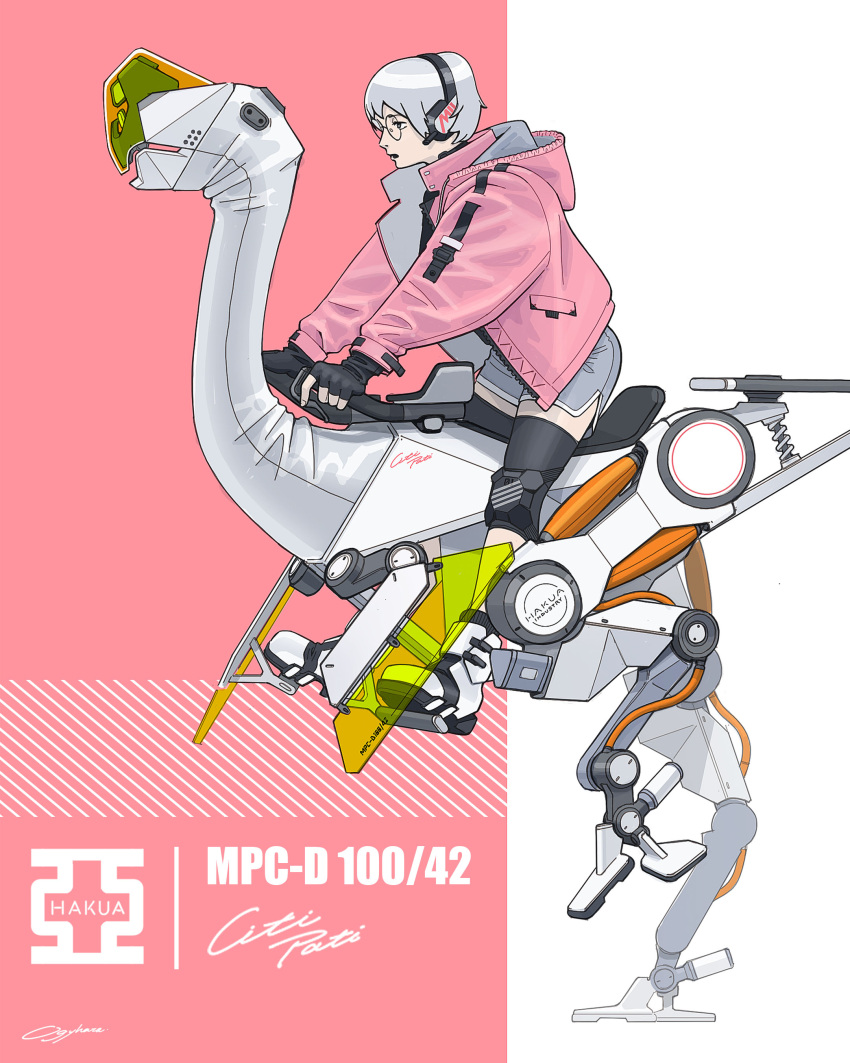 1girl, absurdres, artist_name, black_gloves, commentary_request, dinosaur, dolphin_shorts, fingerless_gloves, full_body, glasses, gloves, grey_eyes, grey_hair, grey_shorts, headset, high_collar, highres, hood, hooded_jacket, jacket, knee_pads, long_sleeves, looking_to_the_side, non-humanoid_robot, ogyhara, open_clothes, open_jacket, open_mouth, original, oviraptor, pink_background, pink_jacket, riding, robot, robot_animal, round_eyewear, short_hair, shorts, signature, solo, white_footwear