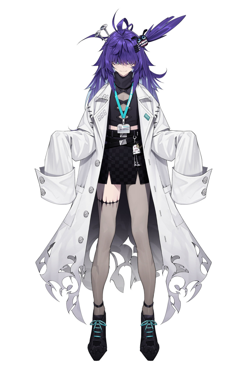 1girl, absurdres, ahoge, asymmetrical_legwear, black_footwear, black_shirt, black_skirt, blue_eyes