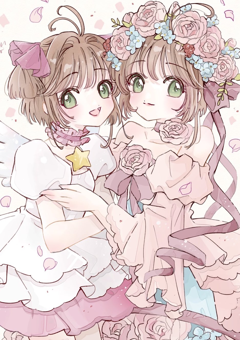 2girls, antenna_hair, bare_shoulders, blue_dress, blush, brown_hair, cardcaptor_sakura, dress