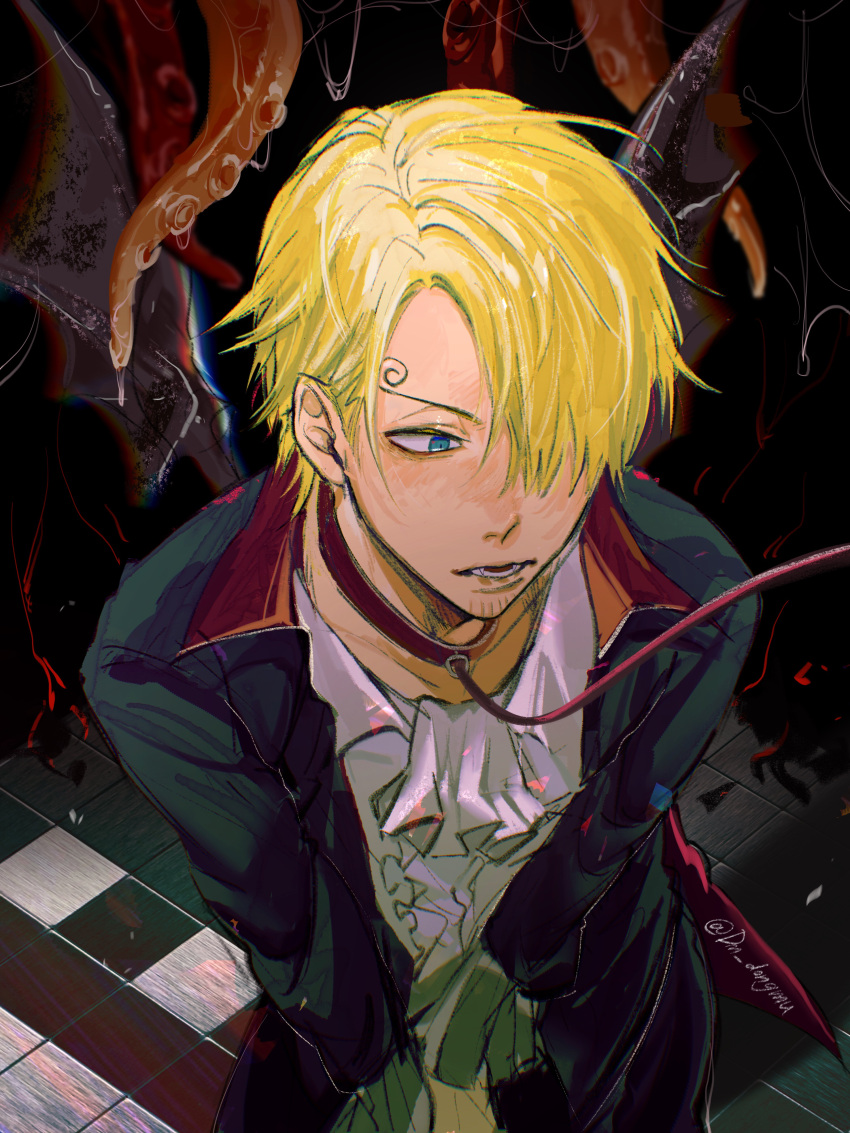 1boy, absurdres, alternate_costume, ascot, beard_stubble, black_background, black_suit, blonde_hair