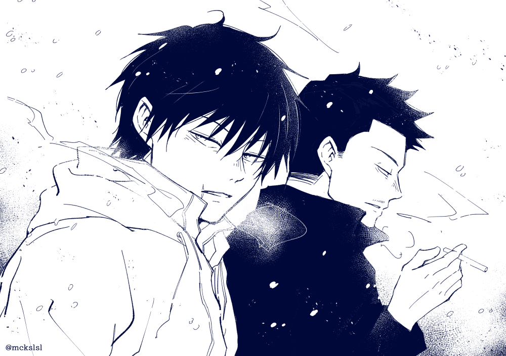 2boys, alternate_costume, artist_request, black_hair, fushiguro_touji, greyscale, half-closed_eyes, jujutsu_kaisen