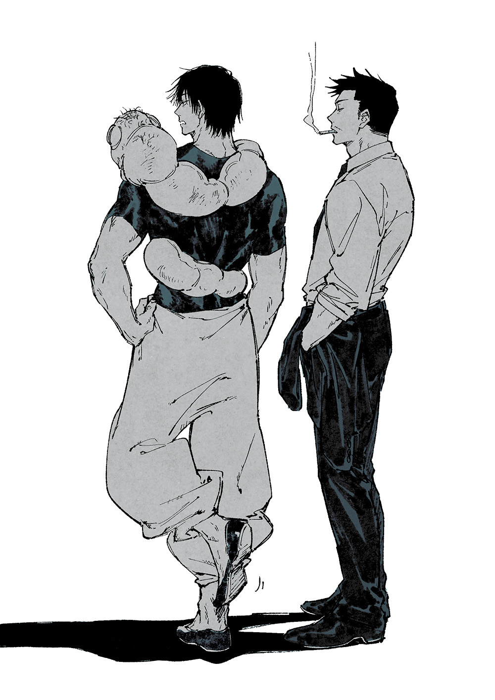 2boys, black_hair, cigarette, facial_hair, full_body, fushiguro_touji, greyscale, highres