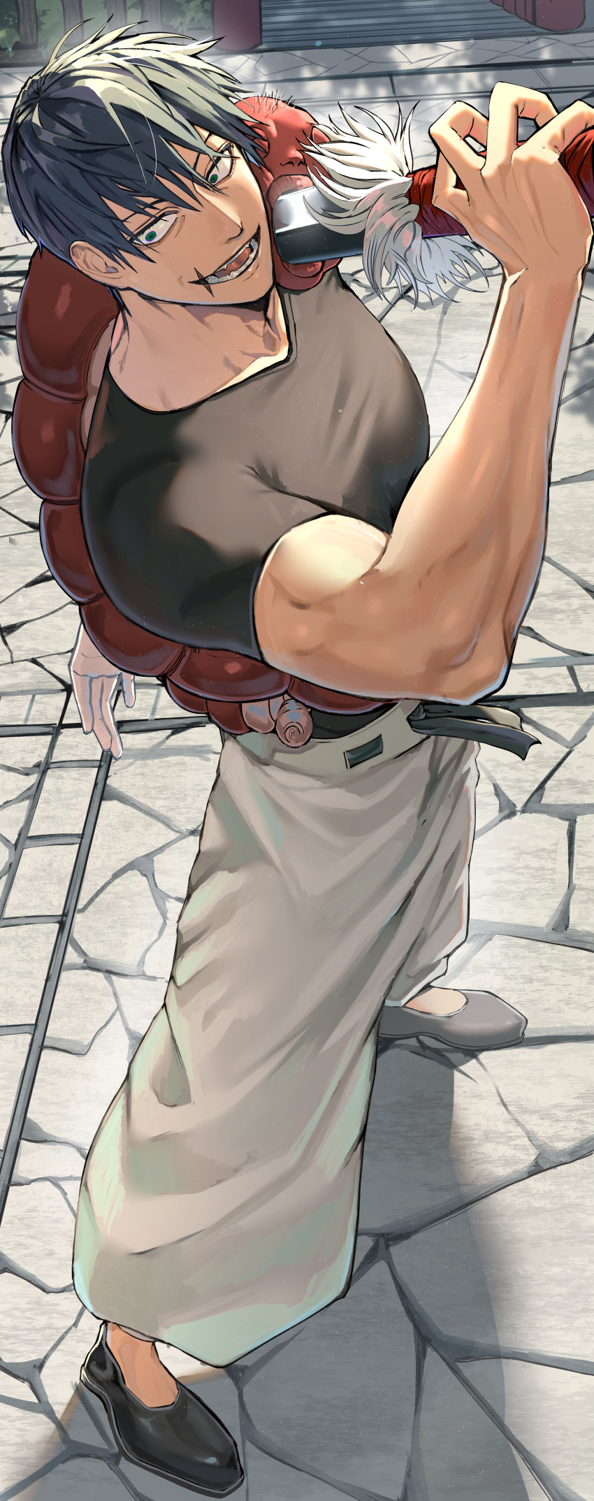1boy, absurdres, black_footwear, black_hair, black_shirt, blue_eyes, day, full_body, fushiguro_touji, hair_between_eyes, highres, holding, holding_sword, holding_weapon, jujutsu_kaisen, looking_to_the_side, male_focus, monster, open_mouth, outdoors, pants, scar, scar_on_face, shirt, shoes, short_hair, short_sleeves, smile, solo, standing, sword, weapon, white_pants, worm, yofu_(0042_2400)