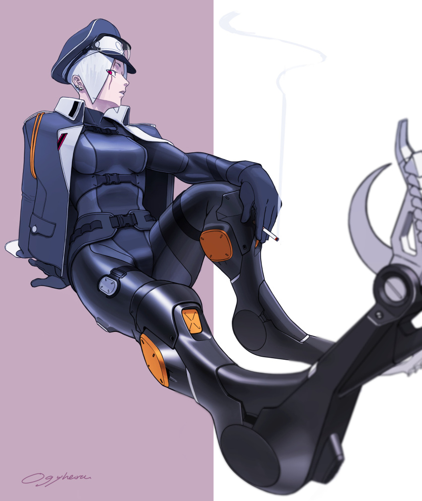 1girl, absurdres, animal_feet, artist_name, black_gloves, bodysuit, cigarette, claws, collared_jacket, commentary_request, digitigrade, dinosaur_girl, ear_piercing, full_body, gloves, hand_on_own_knee, hat, highres, holding, holding_cigarette, jacket, jacket_on_shoulders, knee_up, looking_at_viewer, military_hat, ogyhara, original, parted_lips, perspective, piercing, pink_eyes, purple_background, short_hair, signature, simple_background, sitting, smoke_trail, solo, talons, white_background, white_hair