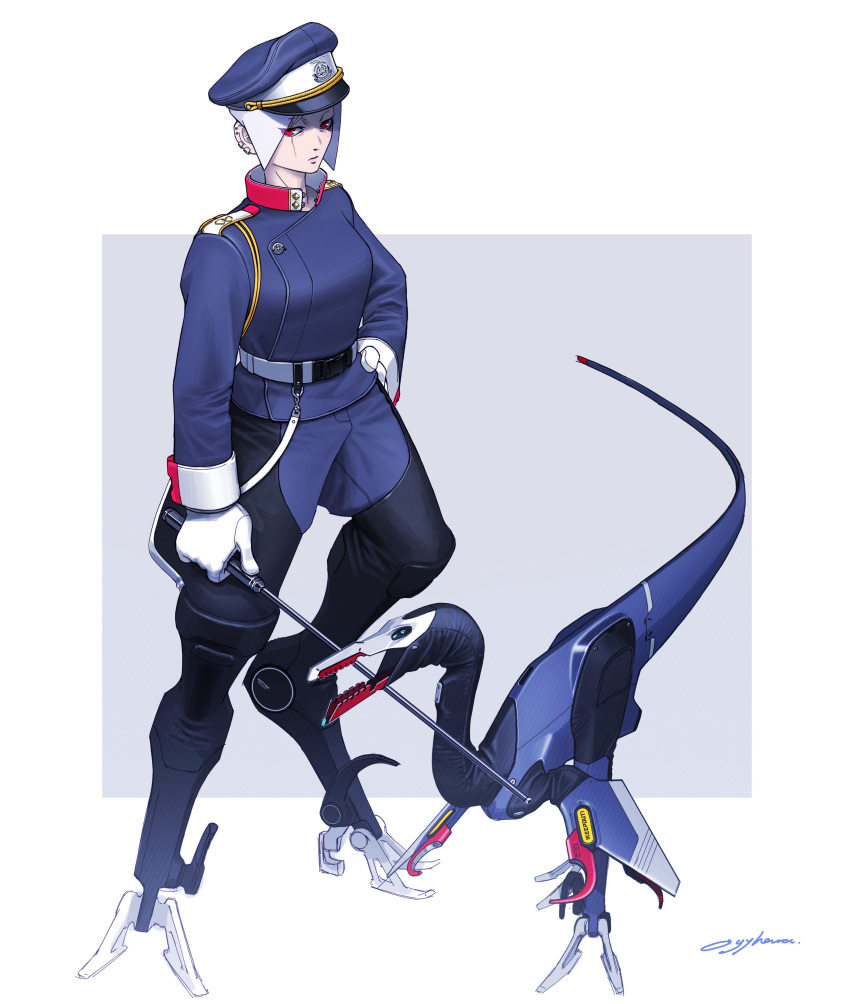 1girl, absurdres, animal_feet, artist_name, belt, blue_jacket, claws, collared_jacket