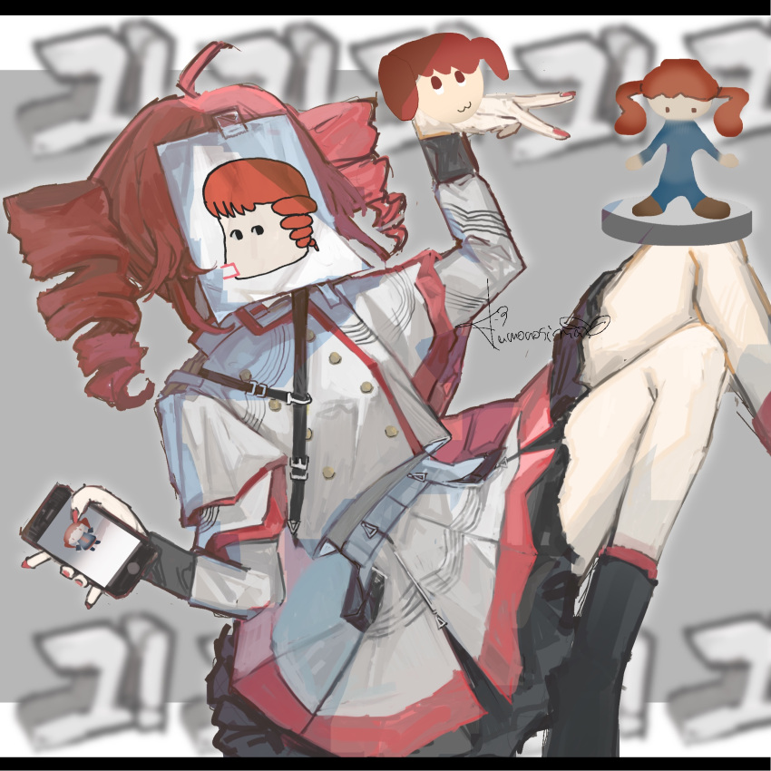 1girl, ahoge, buttons, commentary_request, covered_face, double-breasted, drill_hair, grey_jacket, grey_skirt, highres, hito_mania_(utau), holding, holding_phone, honto_no_(utau), igaku_(utau), invisible_chair, jacket, kamonoshima, kasane_teto, kasane_teto_(sv), long_sleeves, mini_hen_(utau), phone, pleated_skirt, red_nails, red_trim, redhead, sitting, skirt, solo, synthesizer_v, translation_request, twin_drills, utau