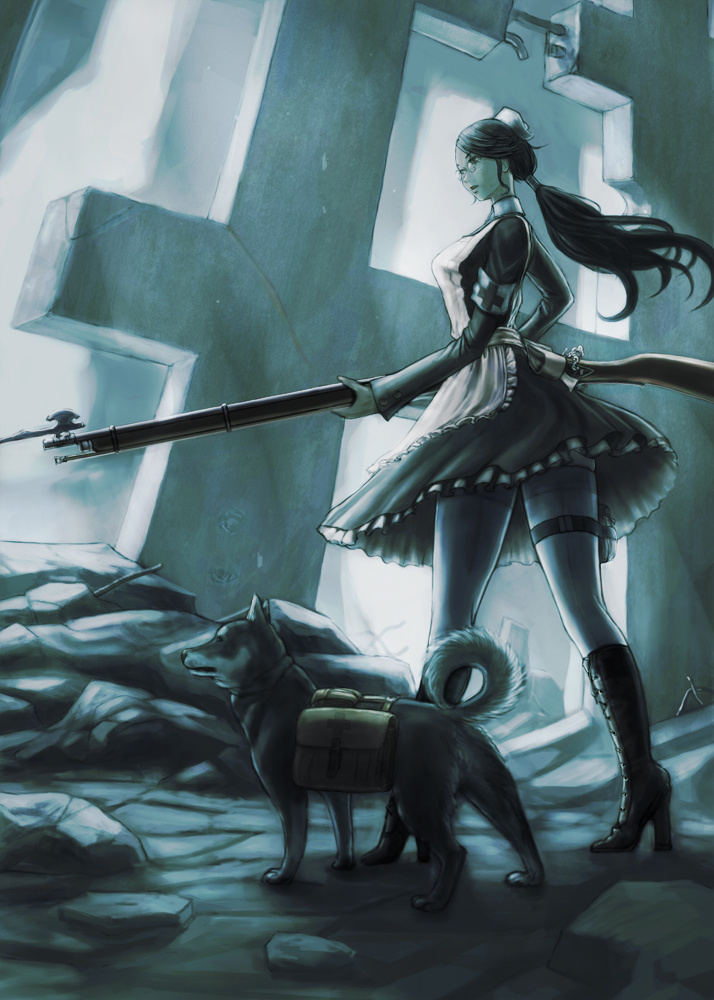 boots, dog, domo, from_below, gun, hat, high_heels, original