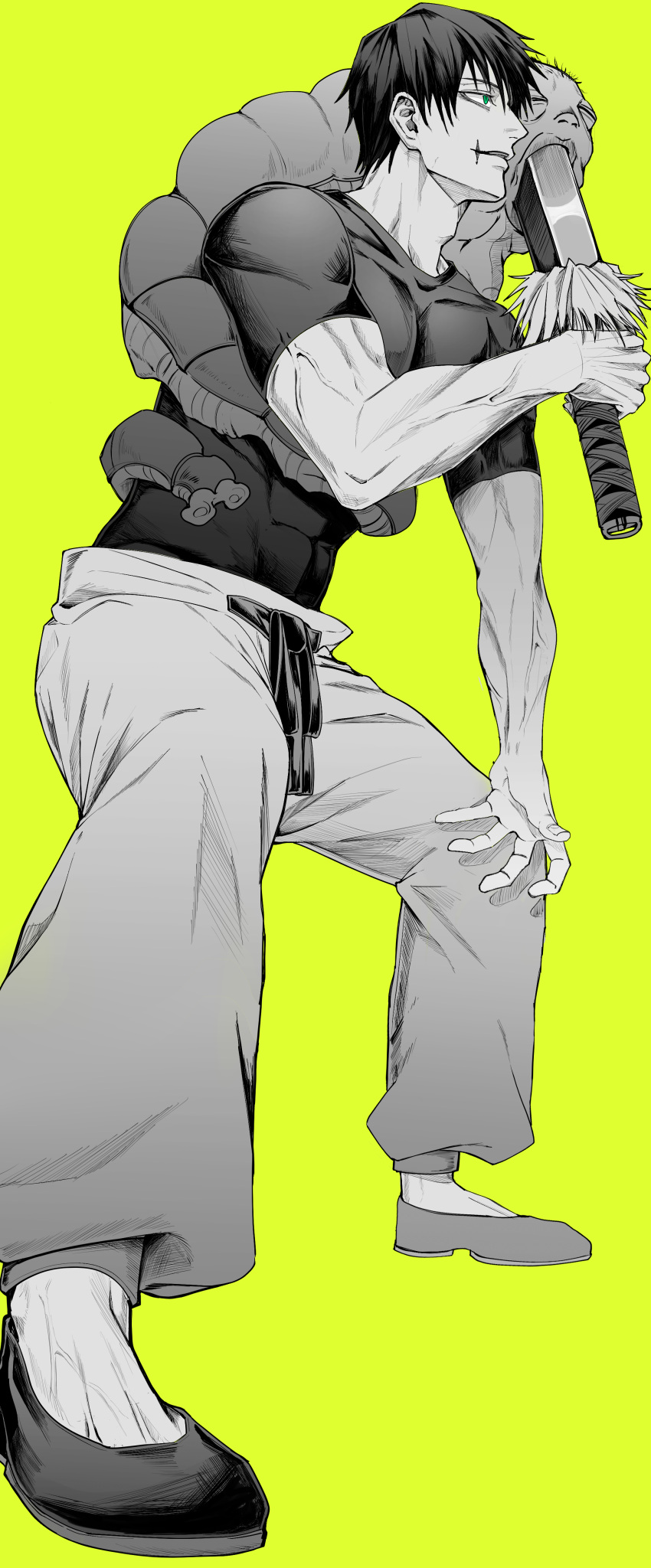 1boy, absurdres, black_hair, drawing_sword, foreshortening, from_below, fushiguro_touji, greyscale_with_colored_background, highres, holding, holding_sword, holding_weapon, jujutsu_kaisen, looking_ahead, male_focus, mature_male, monster, muscular, muscular_male, pectorals, scar, scar_on_face, scar_on_mouth, shirt, short_hair, smile, solo, spread_legs, standing, sword, taut_clothes, taut_shirt, weapon, yofu_(0042_2400)