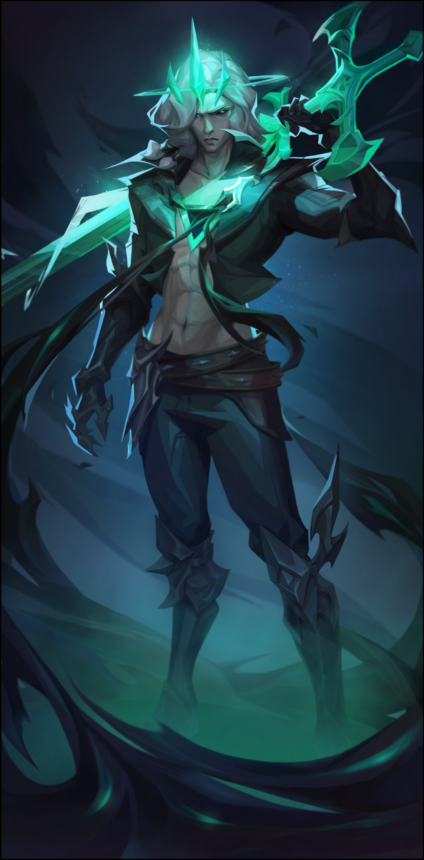 1boy, abs, absurdres, black_footwear, black_gloves, black_jacket, black_pants, black_sclera, boots, colored_sclera, cropped_jacket, gloves, green_eyes, grey_hair, highres, holding, holding_sword, holding_weapon, jacket, knee_boots, league_of_legends, long_hair, looking_at_viewer, male_focus, navel, open_clothes, open_jacket, pants, qqquain, ruined_(league_of_legends), solo, sword, viego_(league_of_legends), weapon