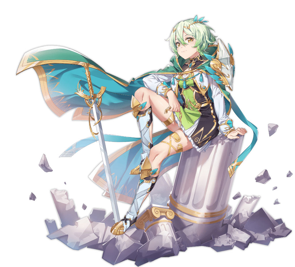 1girl, aqua_cape, ark_order, armored_boots, artist_request, atlas_(ark_order), black_dress, boots, cape, cleavage_cutout, clothing_cutout, cropped_jacket, diadem, dress, faux_figurine, frilled_dress, frills, full_body, gold_trim, gradient_hair, green_dress, green_hair, high_ponytail, hood, hood_down, hooded_cape, jacket, knee_boots, knee_up, leg_ribbon, long_sleeves, looking_at_viewer, multicolored_hair, official_art, pillar, planted, planted_sword, ribbon, short_hair, sidelocks, sitting, sleeve_cuffs, smile, solo, sword, tassel, thigh_ribbon, thighlet, transparent_background, two-tone_dress, weapon, white_footwear, white_hair, white_jacket, yellow_eyes, yellow_ribbon