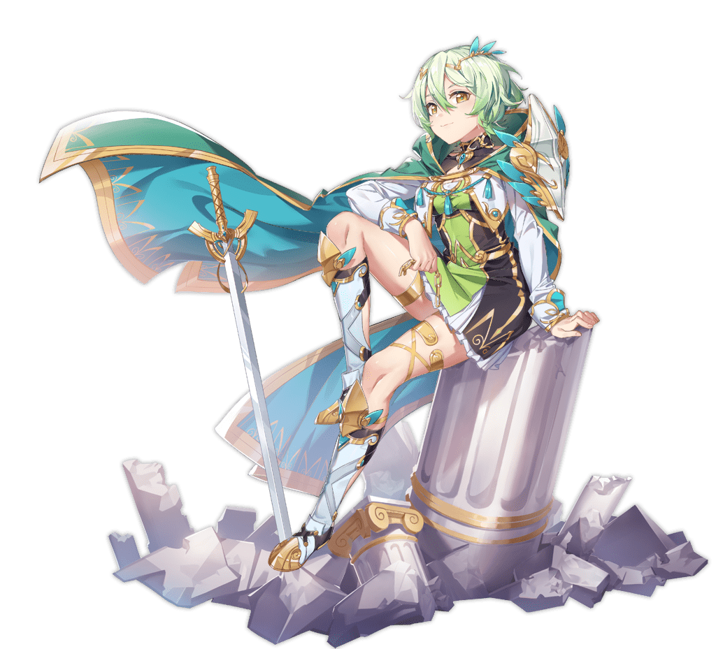1girl, aqua_cape, ark_order, armored_boots, artist_request, atlas_(ark_order), black_dress, boots, cape, cleavage_cutout, clothing_cutout, cropped_jacket, diadem, dress, faux_figurine, frilled_dress, frills, full_body, gold_trim, gradient_hair, green_dress, green_hair, high_ponytail, hood, hood_down, hooded_cape, jacket, knee_boots, knee_up, leg_ribbon, long_sleeves, looking_at_viewer, multicolored_hair, official_art, pillar, planted, planted_sword, ribbon, short_hair, sidelocks, sitting, sleeve_cuffs, smile, solo, sword, tassel, thigh_ribbon, thighlet, transparent_background, two-tone_dress, weapon, white_footwear, white_hair, white_jacket, yellow_eyes, yellow_ribbon