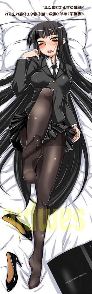 1girl, aoi_manabu, black_hair, blunt_bangs, dakimakura, feet, female_protagonist_(houkago_play), houkago_play