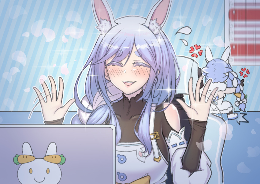 2girls, absurdres, animal_ear_fluff, animal_ears, apron, black_bodysuit, black_gloves, blue_hair, blush, bodysuit, braid, braided_ponytail, closed_eyes, detached_sleeves, dress, fur-trimmed_dress, fur-trimmed_gloves, fur_trim, gloves, highres, hololive, kukyuu_no_ue, mature_female, monitor, mother_and_daughter, multicolored_hair, multiple_girls, pekomama, rabbit_ears, rabbit_girl, smile, streaked_hair, twin_braids, usada_pekora, usada_pekora_(1st_costume), virtual_youtuber, waving, white_apron, white_hair, white_sleeves